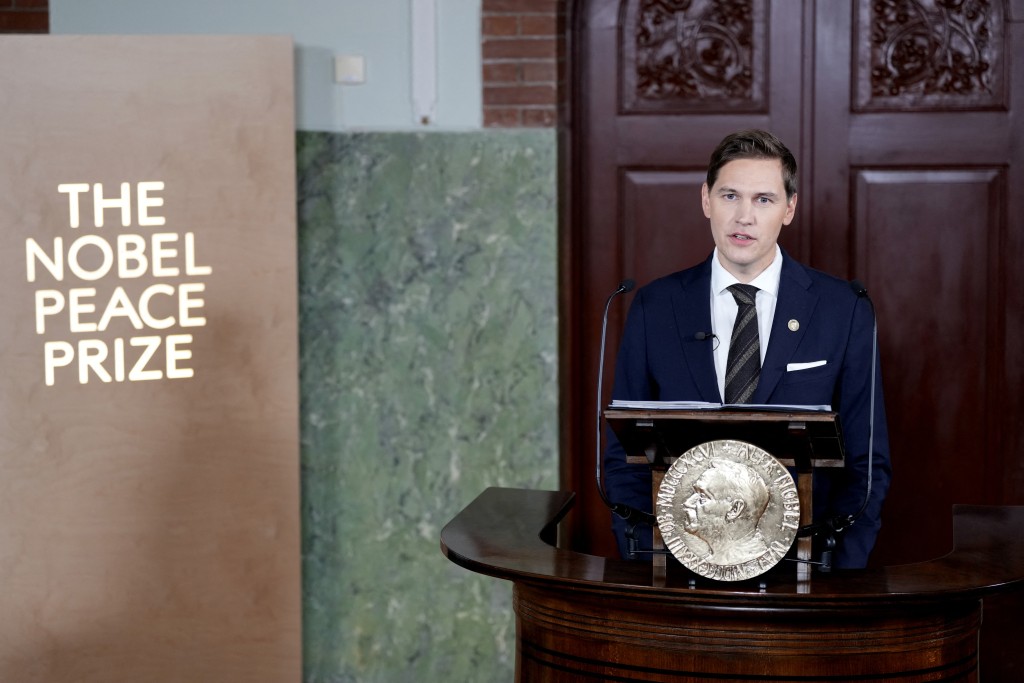 Chair of the Norwegian Nobel Committee Jorgen Watne Frydnes addresses journalists to announce the winner of the 2025 Nobel Peace Prize at the Norwegian Nobel Institute in Oslo, Norway, on October 10, 2025. (AFP)