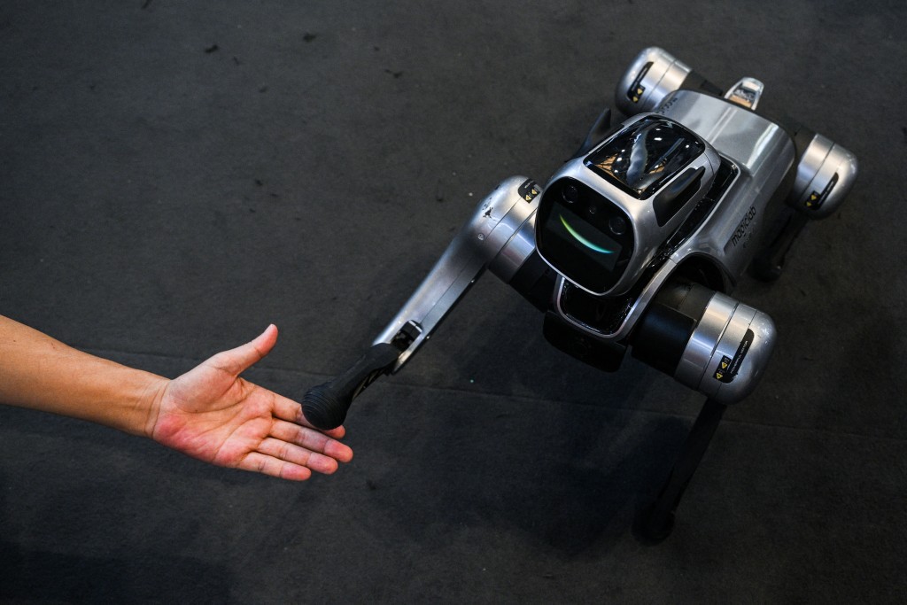  A man interacts with a quadruped robot named "Magic Dog" by Magiclab during the World Artificial Intelligence Conference (WAIC) at the Shanghai World Expo and Convention Center in Shanghai on July 29, 2025. (Photo by Hector RETAMAL / AFP)