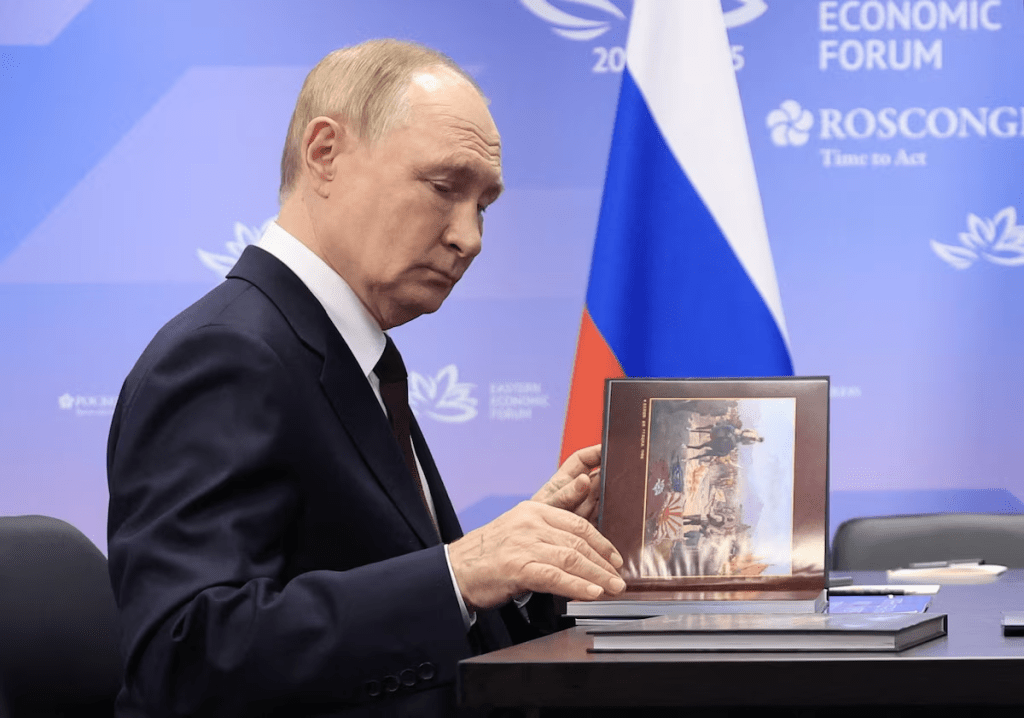 Russia's President Vladimir Putin attends a meeting with Governor of the Primorsky region Oleg Kozhemyako on the sidelines of Eastern Economic Forum in Vladivostok, Russia, September 5, 2025. Sputnik/Valery Sharifulin/Pool via REUTERS
