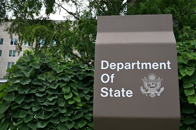 A general view of a U.S. State Department sign outside the U.S. State Department building in Washington, D.C., U.S., July 11, 2025. REUTERS/Annabelle Gordon