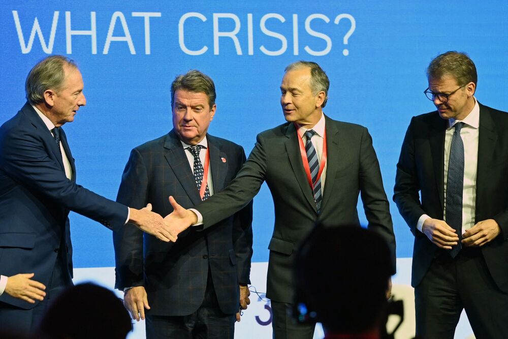 Summit participants include, from far left, James Gorman of Morgan Stanley, Colm Kelleher of UBS, Bob Prince of Bridgwater Associates, Christian Sewing of Deutsche Bank, Peter Harrison of Schroders, Marc Rowan of Apollo Global, David Solomon of Goldm