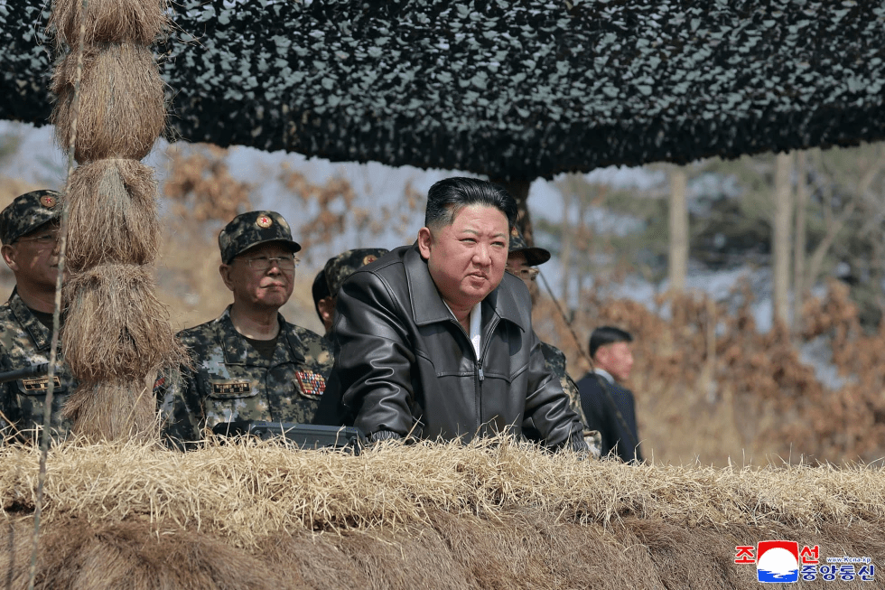In his photo provided by the North Korean government, North Korean leader Kim Jong Un, center, visits a training base of the Korean People’s Army at an undisclosed place in North Korea, April 4, 2025. Independent journalists were not given access to cover the event depicted in this image distributed by the North Korean government. The content of this image is as provided and cannot be independently verified. Korean language watermark on image as provided by source reads: “KCNA” which is the abbreviation for