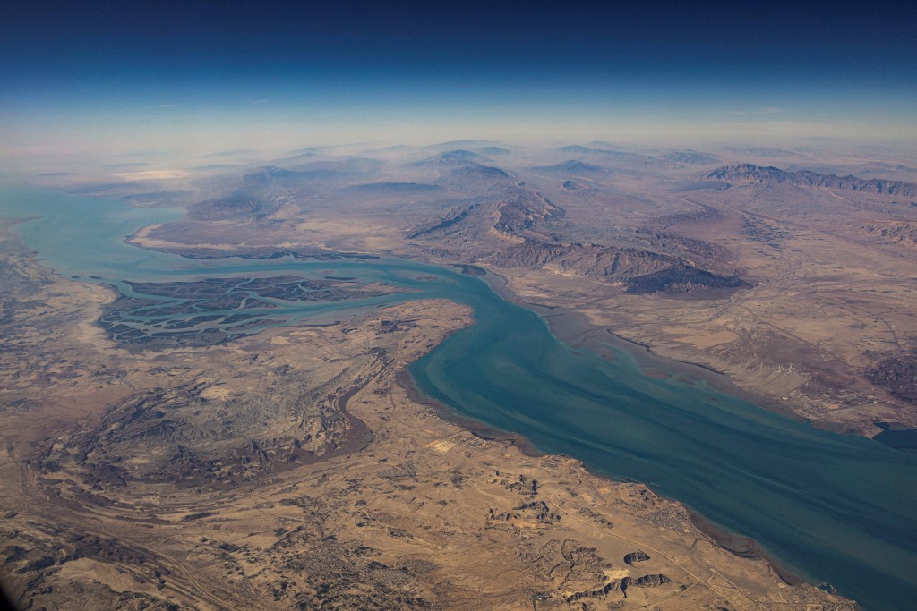 An aerial view of the Iranian shores and the island of Qeshm in the strait of Hormuz, December 10, 2023. (Reuters)