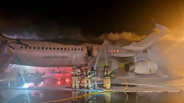 Firefighters try to put out the fire from an Air Busan plane at Gimhae International Airport in Busan, South Korea, January 28, 2025. Yonhap via REUTERS/File Photo Firefighters try to put out the fire from an Air Busan plane at Gimhae International Airport in Busan, South Korea, January 28, 2025. Yonhap via REUTERS/File Photo