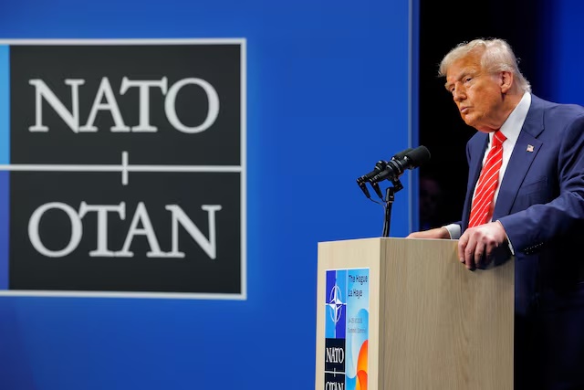 U.S. President Donald Trump speaks during a press conference, at the NATO summit in The Hague, Netherlands, June 25, 2025. REUTERS/Brian Snyder 