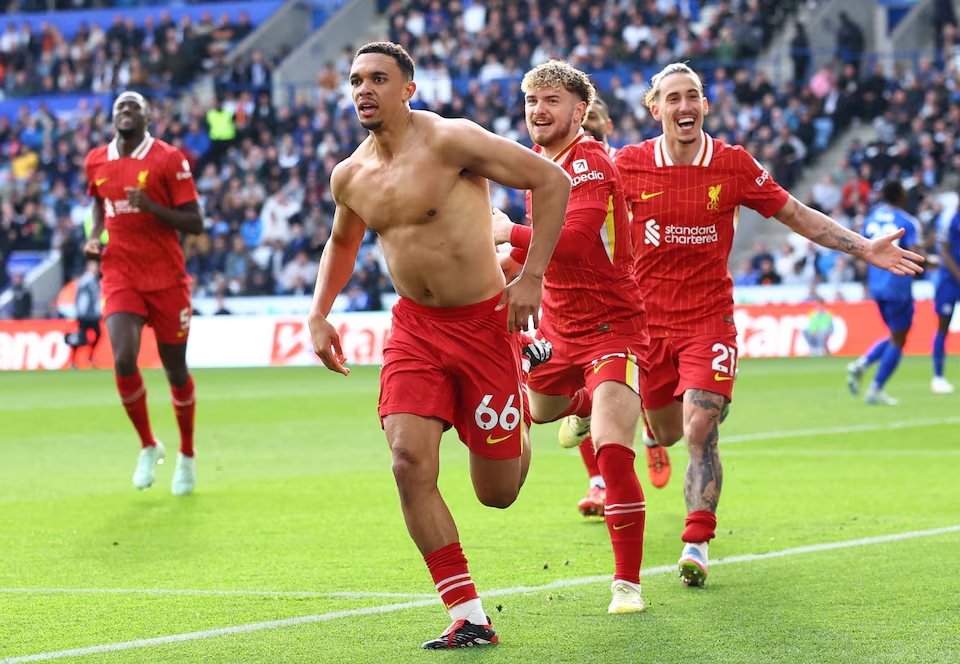 Liverpool's Trent Alexander-Arnold celebrates scoring their first goal. (Reuters)