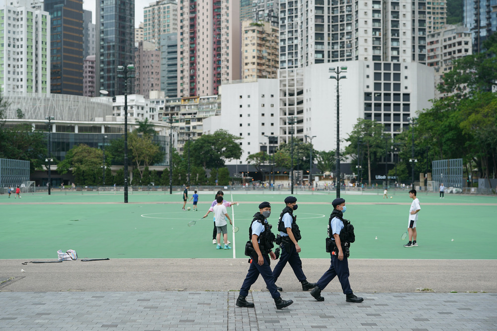 Police officers patrol in Victoria Park, Causeway Bay on June 3, 2022, a day before the 33rd anniversary of the Tiananmen Square massacre. Police officers patrol in Victoria Park, Causeway Bay on June 3, 2022, a day before the 33rd anniversary of the Tiananmen Square massacre.