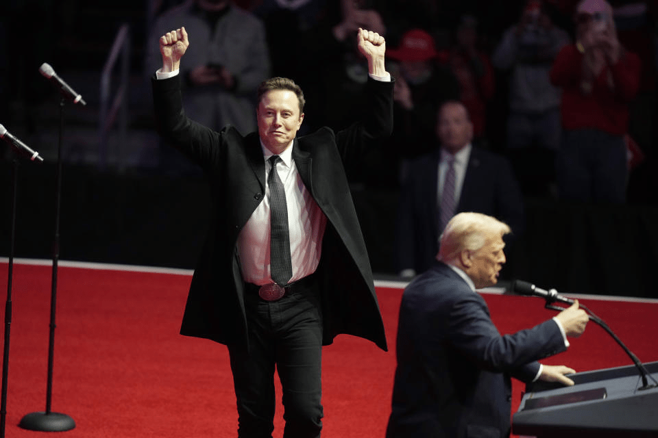 Elon Musk reacts as President-elect Donald Trump speaks at a rally ahead of the 60th Presidential Inauguration, Sunday, Jan. 19, 2025, in Washington. (AP Photo/Alex Brandon) Elon Musk reacts as President-elect Donald Trump speaks at a rally ahead of the 60th Presidential Inauguration, Sunday, Jan. 19, 2025, in Washington. (AP Photo/Alex Brandon)