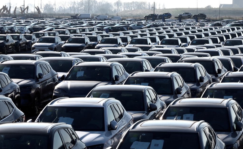 New cars, among them new China-built electric vehicles of the company BYD, are seen parked in the port of Zeebrugge, Belgium, October 24, 2024. REUTERS/Yves Herman/File Photo