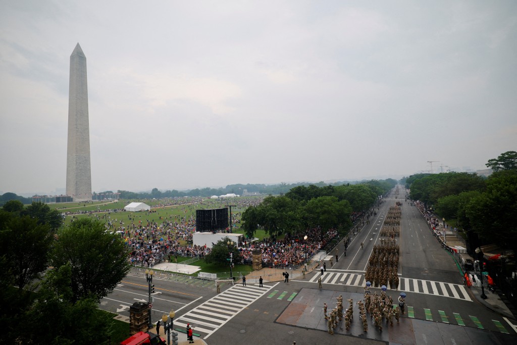 Soldiers march near the Washington Monument during a military parade to commemorate the U.S. Army's 250th Birthday in Washington, D.C., U.S., June 14, 2025. (Reuters)