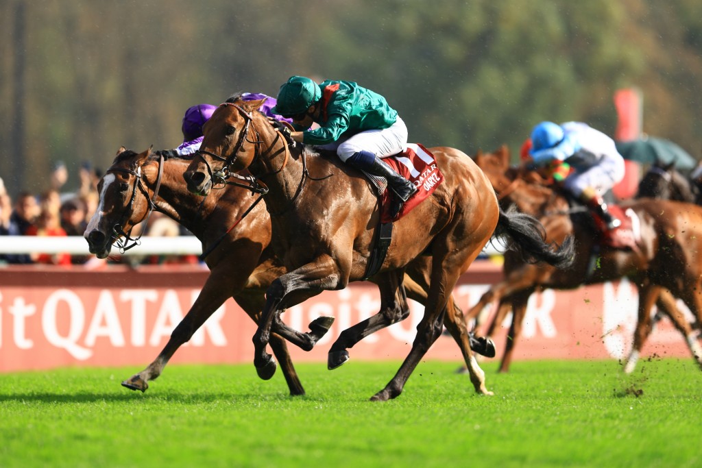 Daryz, ridden by Mickael Barzalona, overcomes Minnie Hauk, ridden by Christophe Soumillon, for the win (Shuhei Okada/Idol Horse) 