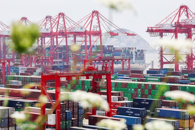Gantry cranes stand near shipping containers as a container ship, OOCL Daffodil, is docked at Yangshan Port outside of Shanghai, China, June 17, 2025. REUTERS/Go Nakamura