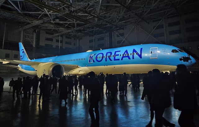 The new logo of Korean Air is seen on its plane during an event in Gimpo, South Korea, March 11, 2025. REUTERS/Dogyun Kim/File Photo