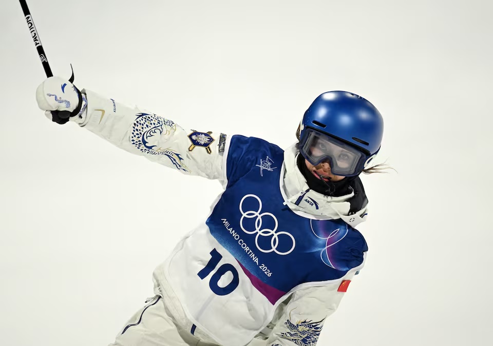 Milano Cortina 2026 Olympics - Freestyle Skiing - Women's Freeski Big Air Qualification - Livigno Snow Park, Livigno, Italy - February 14, 2026. Ailing Eileen Gu of China reacts after her third run of Women's Freeski Big Air Qualification. REUTERS/Dylan Martinez