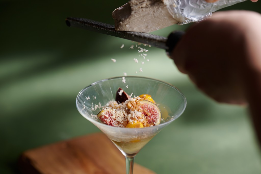 Foie Gras Ice Cream with Mojito Sorbet and Fresh Fruit Salad presented by Ponentino.