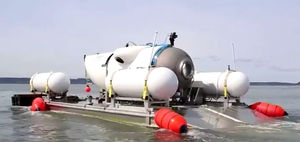 The submarine called 'Titan” operated by OceanGate in this still from a Reuters video. (Reuters) The submarine called 'Titan” operated by OceanGate in this still from a Reuters video. (Reuters)