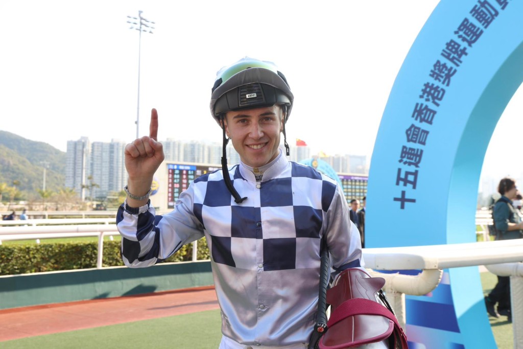 Dylan Browne McMonagle celebrates after his first Hong Kong win. Singtao 
