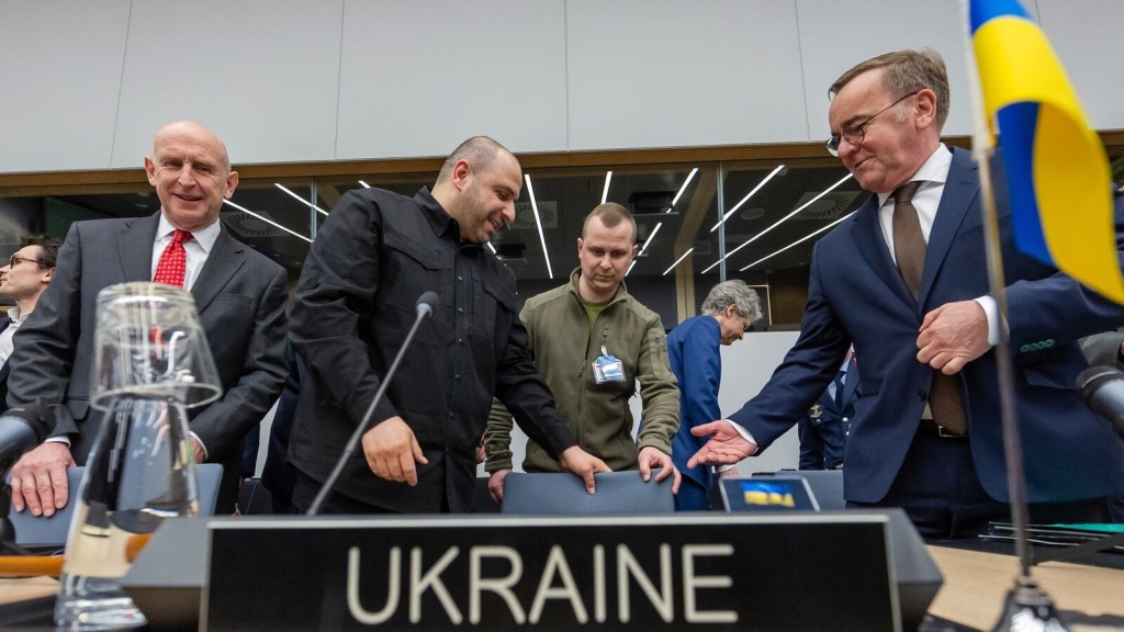 Britain's Defense Secretary John Healey, left, Ukraine's Defense Minister Rustem Umerov, second from left, and Germany's Defense Minister Boris Pistorius, right, arrive for a meeting of the Ukraine Defence Contact Group at NATO headquarters in Brussels, Friday, April 11, 2025. (AP Photo/Geert Vanden Wijngaert)