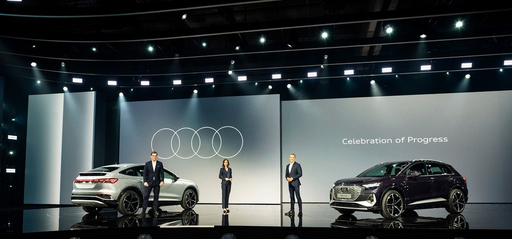 Markus Duesmann, Audi Chairman, Hildegard Wortmann, member of the board, sales and marketing, and Henrik Wenders, Head of Brand. For the first time, more than half of all models newly launched in one year are electric.    