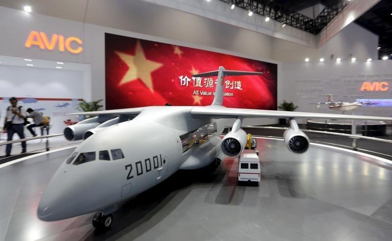 A model of Y-20 military transporter aircraft is displayed at Aviation Industry Corporation of China (AVIC)'s booth at the Aviation Expo China 2015, in Beijing, China, September 16, 2015.