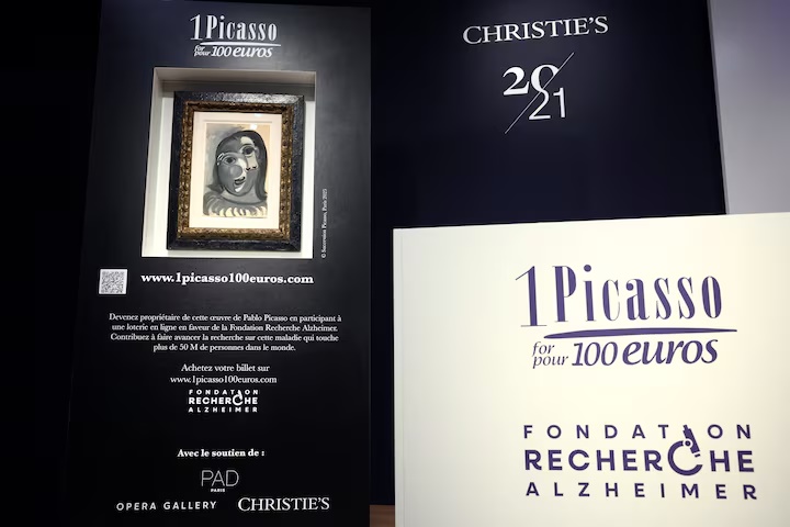 The painting "Tete de femme (1941)" by Spanish painter Pablo Picasso is displayed before the charity raffle official draw to announce the winner of this Picasso painting for 100 euros at Christie's auction house in Paris, France, April 14, 2026. REUTERS/Tom Nicholson 