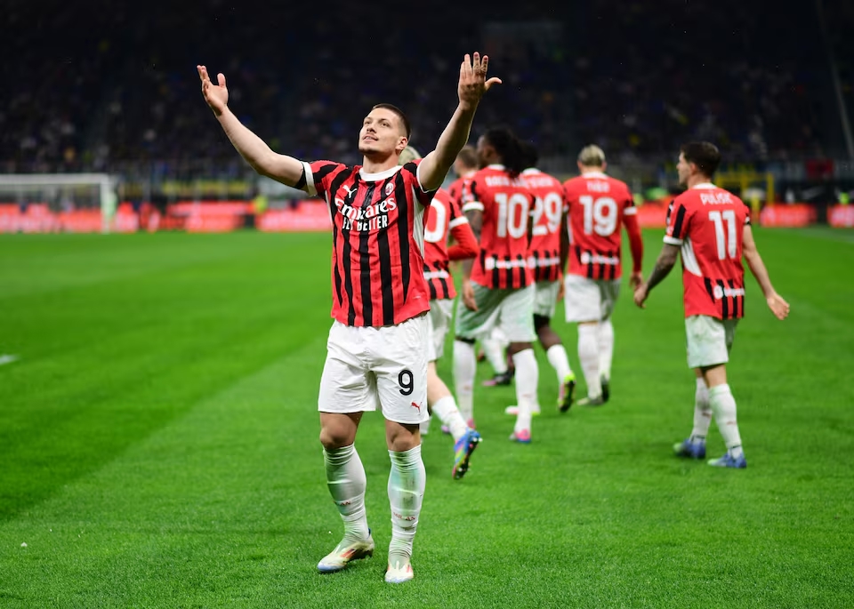 AC Milan's Luka Jovic celebrates scoring their second goal. (Reuters)