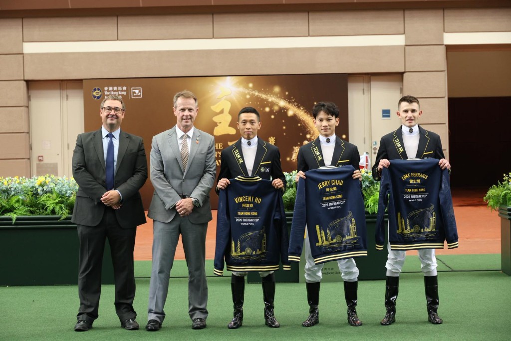 Nick Smith and Andrew Harding present the Hong Kong team of Vincent Ho, Jerry Chau and Luke Ferraris with jackets at Sha Tin on Saturday. The trip will represent the Jockey Club at the Shergar Cup HKJC at Ascot Racecourse on August 8. HKJC