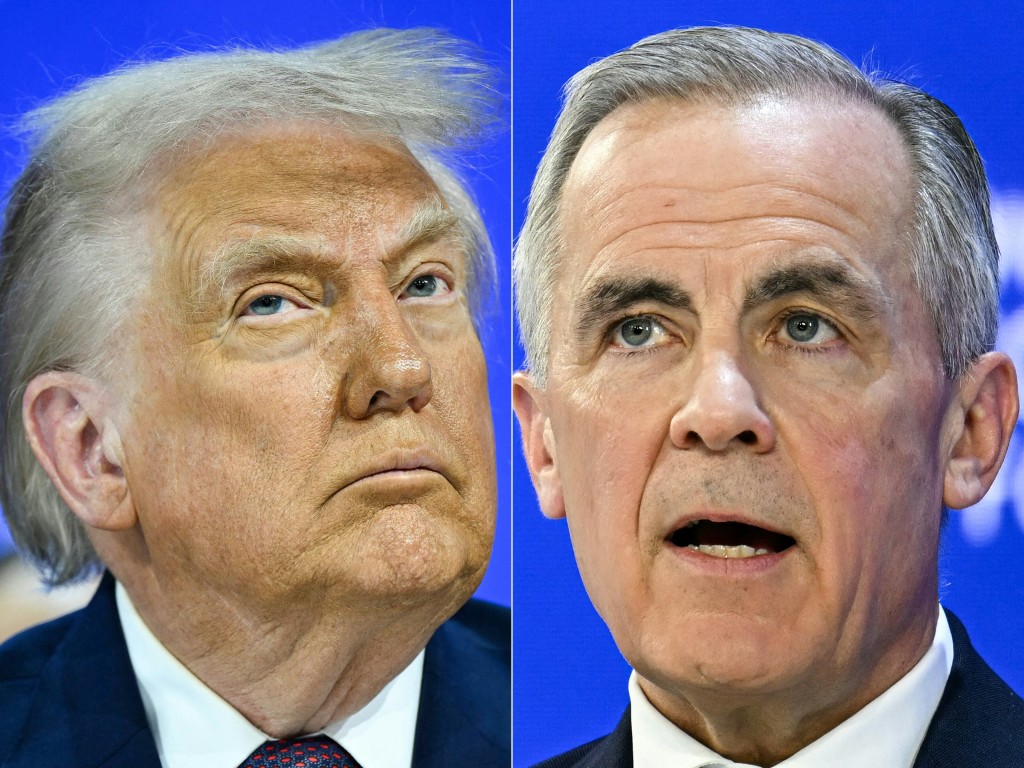 Photo by MANDEL NGAN / AFP. This combination of pictures created on January 24, 2026 shows, L/R, US President Donald Trump in Davos on January 22, 2026 and Canada's Prime Minister Mark Carney in Davos on January 20, 2026.