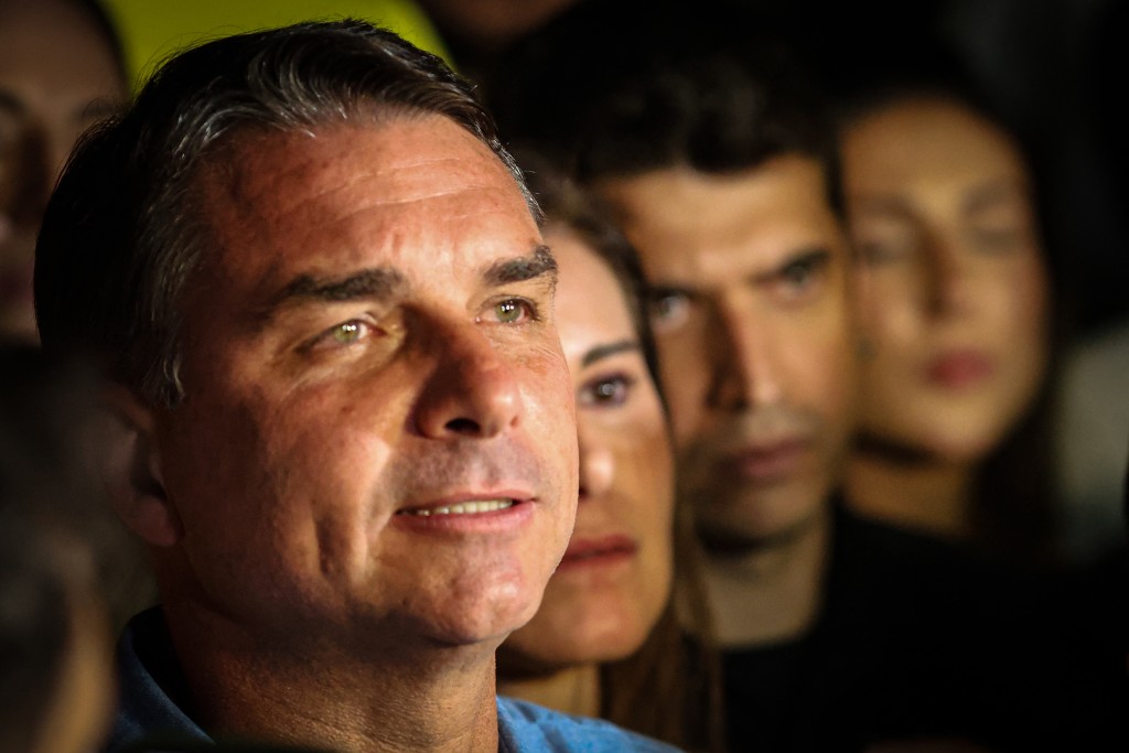 Brazil's right-wing senator and presidential candidate for the Liberal Party (PL) Flavio Bolsonaro speaks to supporters following the partial results of the presidential election in Brasilia, Brazil on October 4, 2026. (AFP)