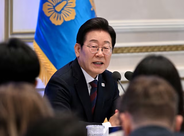 South Korean President Lee Jae Myung delivers a speech during a press conference at Yeongbingwan of Blue House on July 3, 2025 in Seoul, South Korea. Kim Min-Hee/Pool via REUTERS/File Photo 