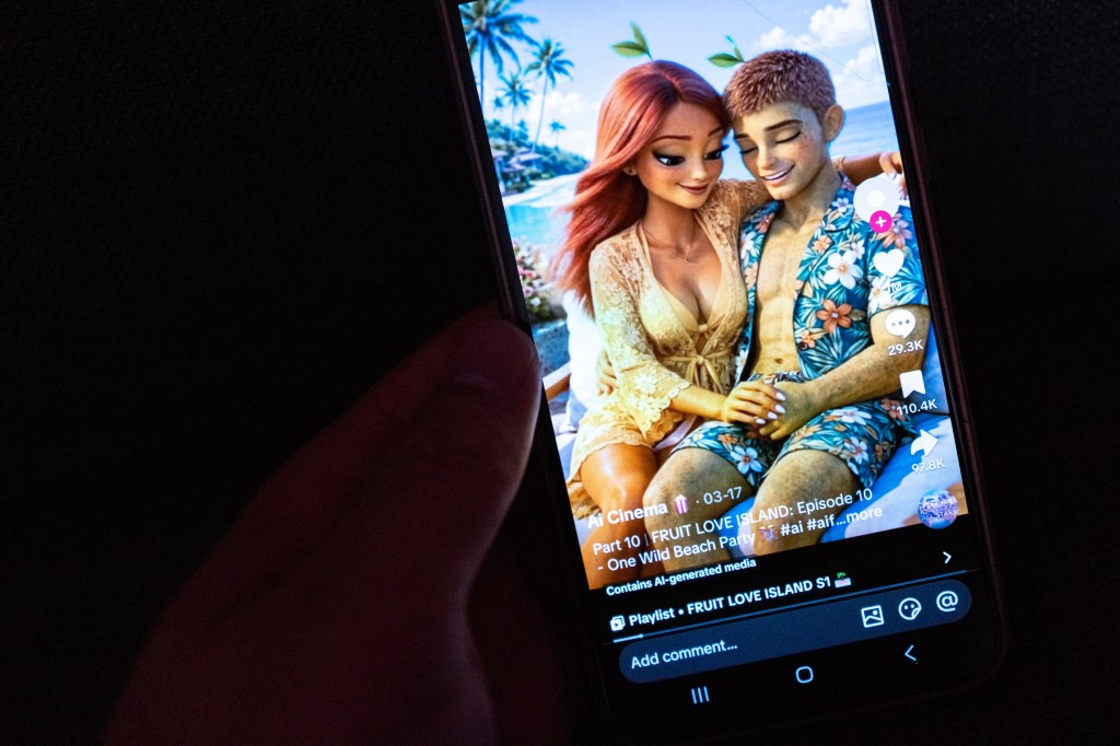 This illustration photograph shows shows "Fruit Love Island", an AI-generated TikTok micro-series based on the television hit "Love Island" -- except all the participants are sexy human-like fruit, in Tokyo on April 3, 2026. (Photo by Philip FONG / AFP)