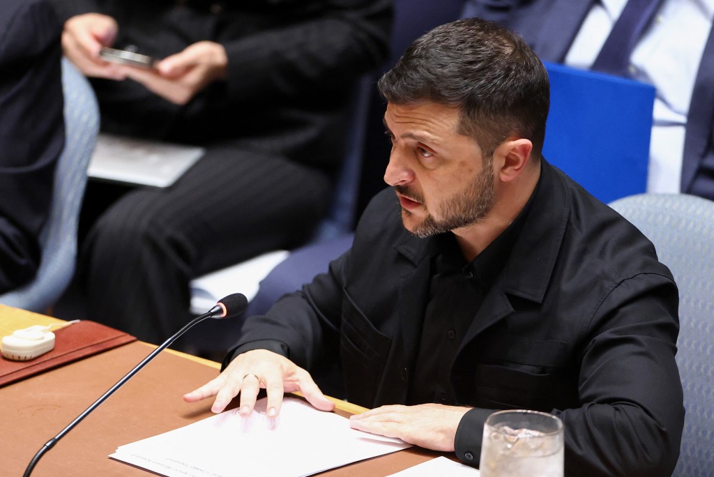 Ukraine's President Volodymyr Zelensky attends a United Nations Security Council minesterial meeting on Ukraine at UN headquarters in New York on September 23, 2025. (Photo by CHARLY TRIBALLEAU / POOL / AFP)