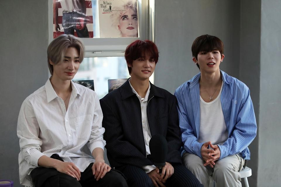 Members of K-pop band Big Ocean, Jiseok, PJ and Chanyeon, from left to right, participate in an interview with The Associated Press in Seoul, South Korea, April 15, 2025. (AP Photo/Juwon Park)