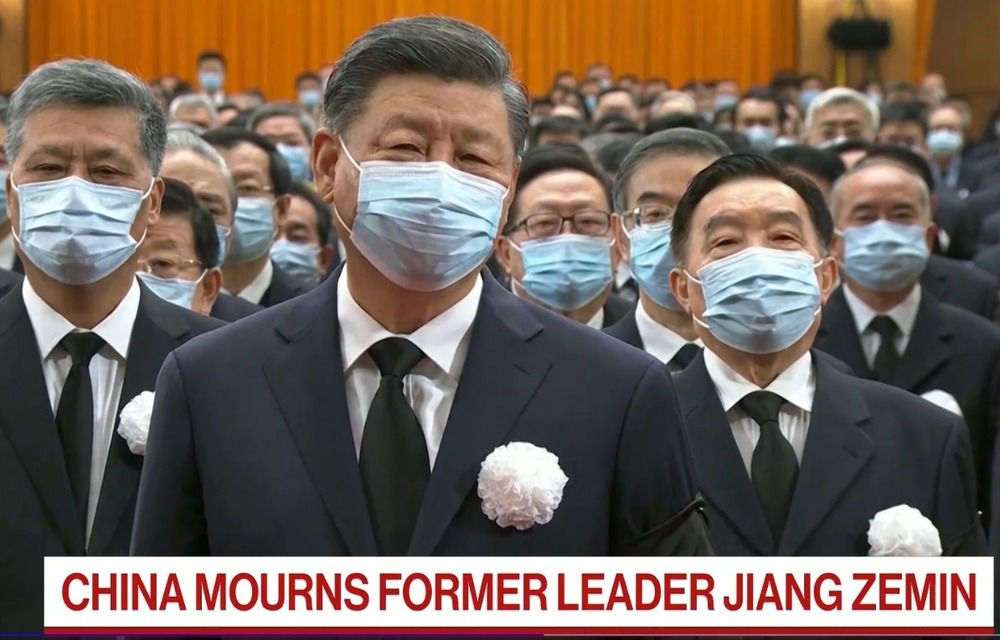 President Xi speaks at the funeral of late former president Jiang. (Screenshot from Bloomberg TV via Bloomberg) President Xi speaks at the funeral of late former president Jiang. (Screenshot from Bloomberg TV via Bloomberg)