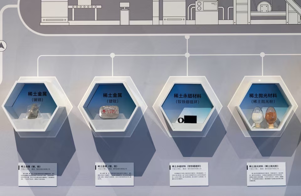 Rare earth materials sit on displayed at the exhibition on China’s manufacturing achievements, at the National Museum in Beijing, China, March 24, 2026. REUTERS/Maxim Shemetov