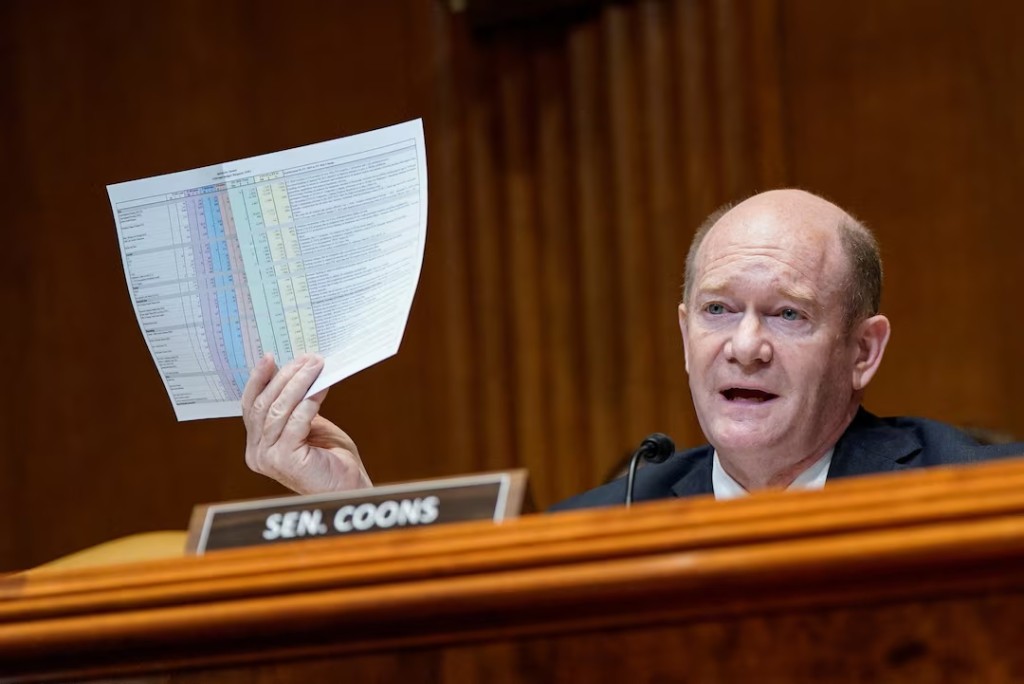 U.S. Senator Chris Coons (D-DE) attends a Senate Appropriations Committee hearing on U.S. President Donald Trump's budget request for the Department of Defense, on Capitol Hill in Washington, D.C., U.S., June 11, 2025. REUTERS/Elizabeth Frantz