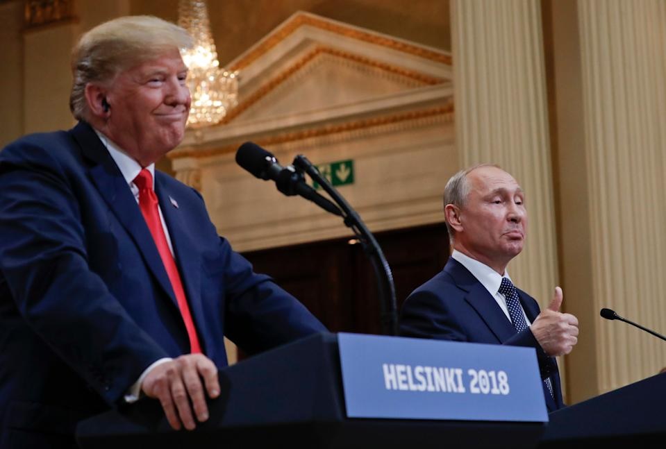 FILE - Russian President Vladimir Putin, right, and U.S. President Donald Trump give a joint news conference at the Presidential Palace in Helsinki, Finland, July 16, 2018. (AP Photo/Pablo Martinez Monsivais, File) FILE - Russian President Vladimir Putin, right, and U.S. President Donald Trump give a joint news conference at the Presidential Palace in Helsinki, Finland, July 16, 2018. (AP Photo/Pablo Martinez Monsivais, File)