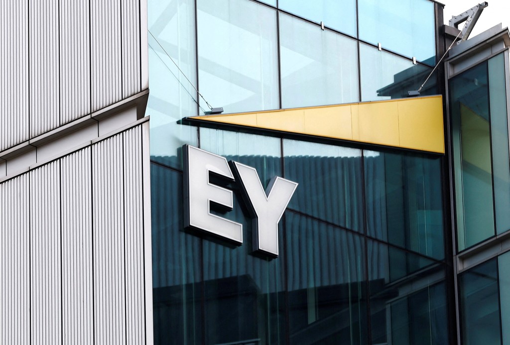 The EY company logo is seen at their headquarters in London, Britain, April 16 2023.  REUTERS