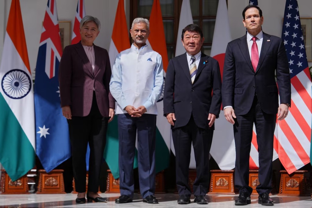 From left, Australian Foreign Minister Penny Wong, India’s Minister of External Affairs S. Jaishankar, Japanese Foreign Minister Toshimitsu Motegi and U.S. Secretary of State Marco Rubio pose following a Quad ministerial meeting at Hyderabad House in New Delhi, India, Tuesday, May 26, 2026. Julia Demaree Nikhinson/Pool via REUTERS
