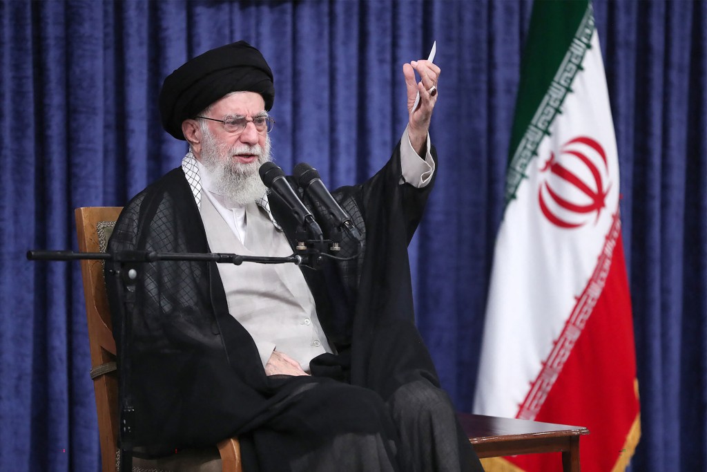 This handout picture released by the office of Iran's Supreme Leader Ayatollah Ali Khamenei shows him addressing the crowd during a meeting with the head of the judiciary and other officials in Tehran on July 16, 2025. (AFP)
