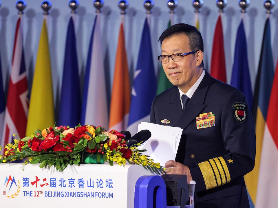  Chinese Defence Minister Dong Jun speaks during Beijing Xiangshan Forum in Beijing, China September 18, 2025. REUTERS/Maxim Shemetov 