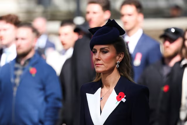 Britain's Kate, Princess of Wales attends a service commemorating Anzac Day at the Cenotaph in London, Britain, April 25, 2026. REUTERS/Toby Melville 