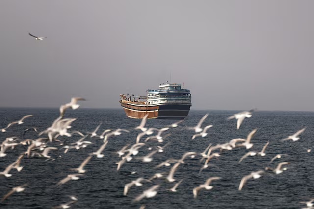 Birds fly near a boat in the Strait of Hormuz amid the U.S.-Israeli conflict with Iran, as seen from Musandam, Oman, March 2, 2026.REUTERS/Amr Alfiky/File Photo