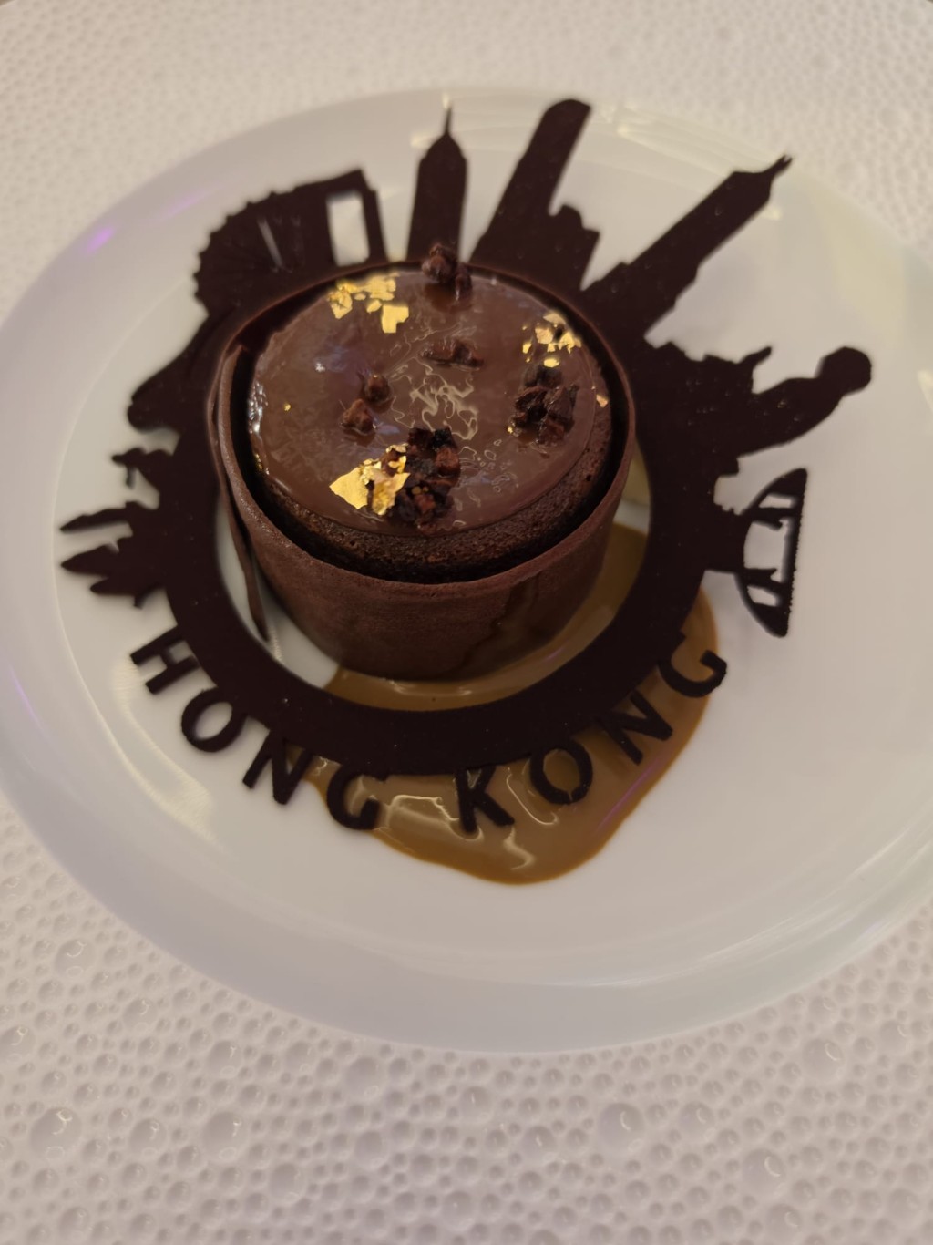 70% smokey chocolate rice de l'Opera, chocolate fondant, grilled vanilla ice-cream, espresso creme Anglaise By chef Andy Yeung