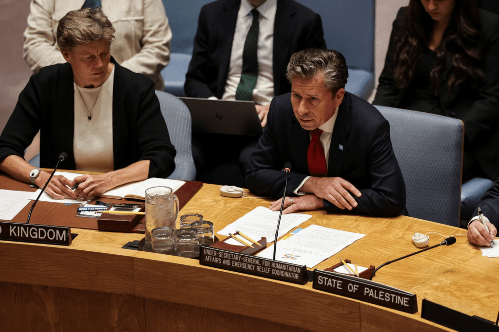Under-Secretary-General for Humanitarian Affairs and Emergency Relief Coordinator Tom Fletcher speaks to delegates about the situation in Gaza during a United Nations Security Council meeting at U.N. headquarters, in New York City, U.S., July 16, 2025. REUTERS/Jeenah Moon/File Photo