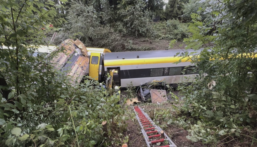 A derailed train is pictured near Riedlingen near Biberach an der Riss on July 27, 2025. (AFP)