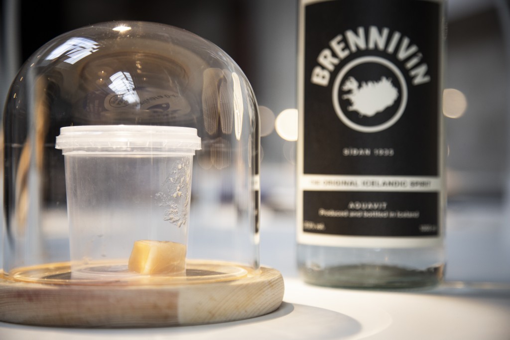 Icelandic Fermented Shark (Hákarl) - Radiating a sharp, industrial ammonia-like stench, locals famously need a shot of Brennivín spirit just to get it down.