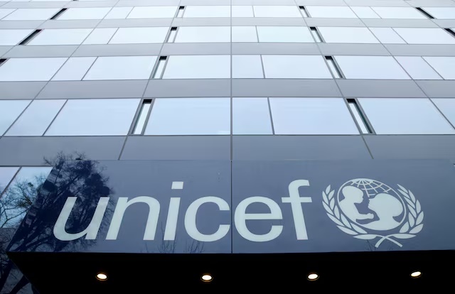 A UNICEF logo is pictured outside their offices in Geneva, Switzerland, January 30, 2017. REUTERS/Denis Balibouse/File Photo