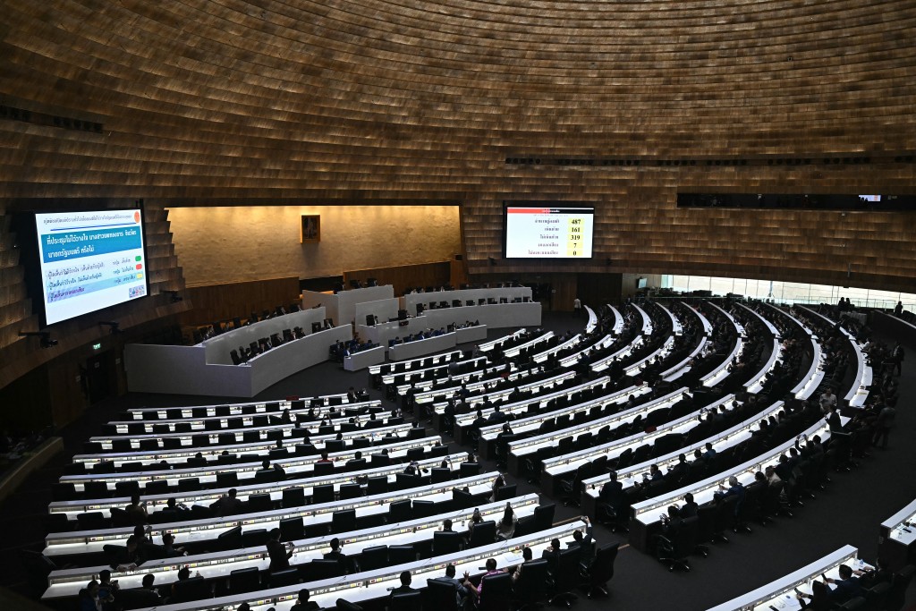 Photo by LILLIAN SUWANRUMPHA / AFP  A general view shows Thai MPs and members of the government after a no-confidence vote at the Thai Parliament in Bangkok on March 26, 2025.