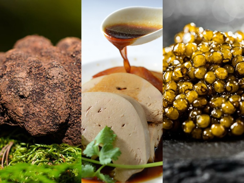 From left, truffle, foie gras, and caviar.